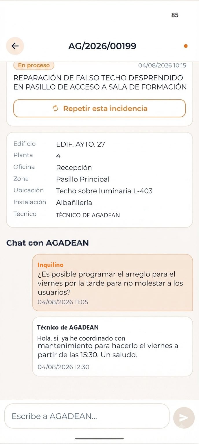 Chat directo con el técnico dentro de una incidencia, en la app de AGADEAN