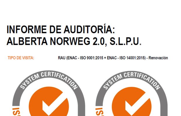ALBERTA NORWEG renueva sus ISO ISO9001:2015 y 14001:2015